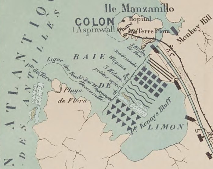 La Ciudad de Colón durante el Canal Francés. Mapa que muestra era Colón con respecto a las excavaciones del Canal Francés, 1 junio de 1885.